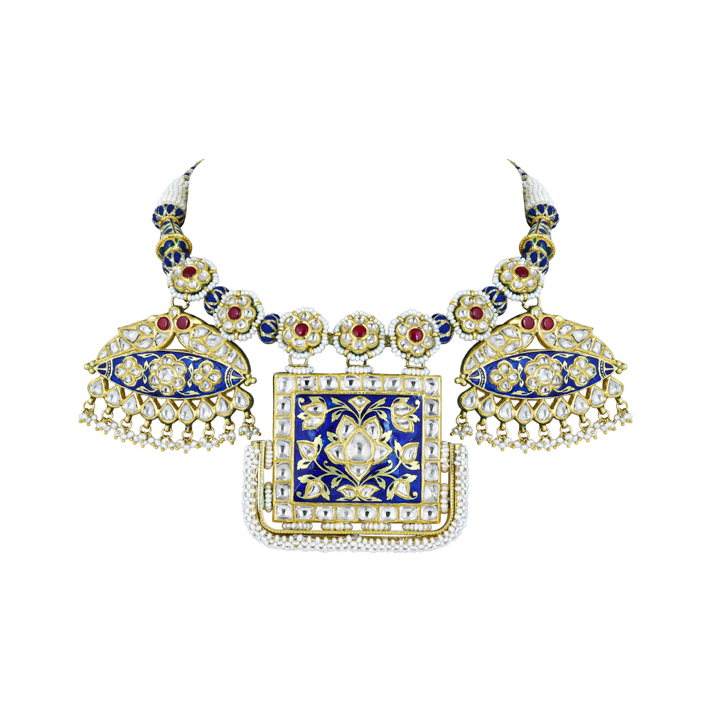 Blue Enamel Pankhi Polki Pendant Necklace